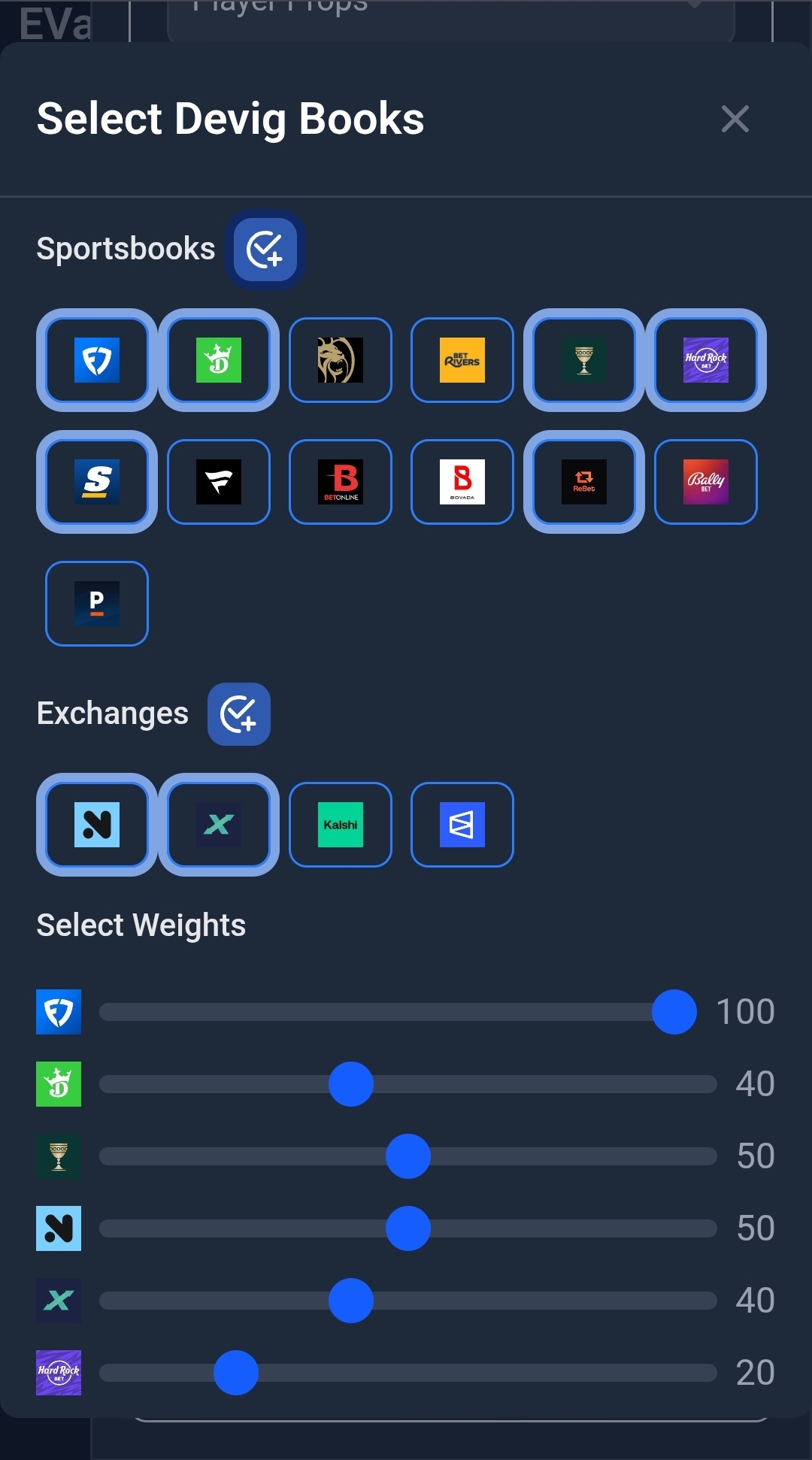 Devig settings and weights